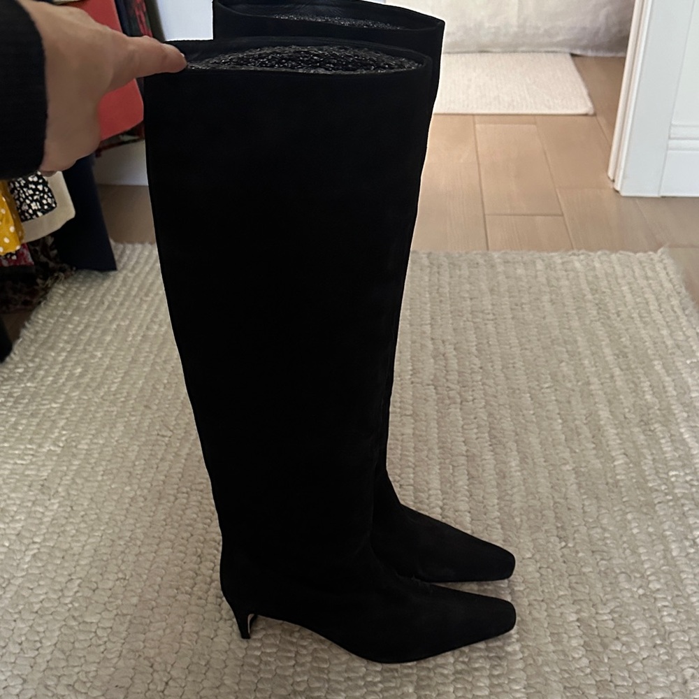 STAUD Black Knee-High Suede Pointed-Toe Boots